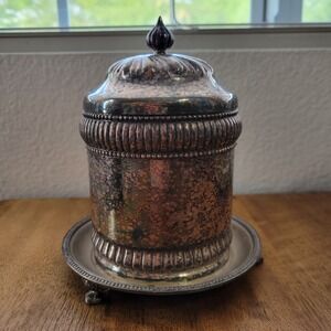 Gorham Lidded Biscuit Jar Barrel with Underplate Silver Soldered Tarnished
